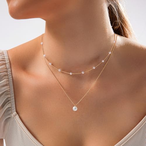Image of Zeffy Gold Pearl Necklace for Women, Dainty 14K Gold /Silve Plated Layered Pearl Choker Pearl Earrings Pearl Bracelets Wedding Trendy Gold Jewelry Set for Women Gifts
