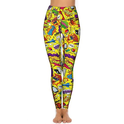 Yogahose für Damen, hohe Taille, Halloween, niedlicher Geist, Blau, Workout-Leggings, Bauchkontrolle, Strumpfhose, Fitness, Lounge-Hose, Comic Book Word Yellow, XL