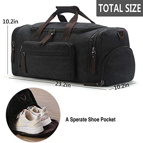 Toupons Travel Duffel Bag for Men with Shoe Compartment Canvas Overnight Bag Weekend Bag (Black With Shoe Bag)