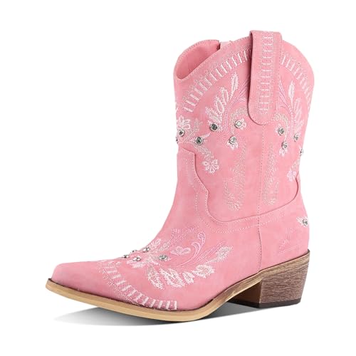 Ankle Cowboy Boots for Women Cute Pink Booties with Rhinestone Western Style Embroidered Cowgirl Short Boots with Chunky Heel Party Shoes Cocert Outfits Size 9