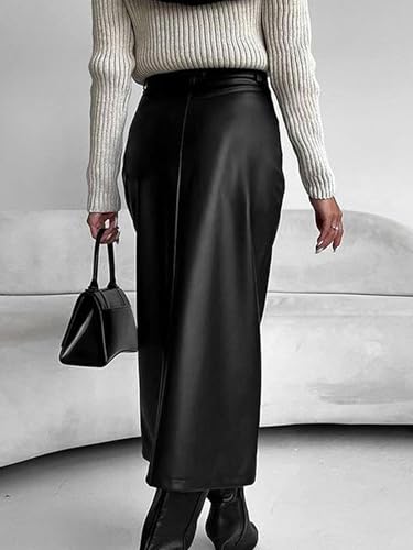 Women's High Waisted Faux Leather Skirt Sexy Bodycon Front Split Pencil Slim Fit Midi Long Skirts3