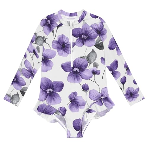 One Piece Swimsuits for Girls Quick Dry Rash Guard Zipper Swimwear, Violets Floral White Purple 3T