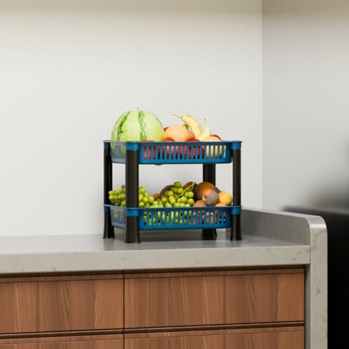 Image of Plastic Kitchen Rack, Multipurpose Vegetable & Fruit Storage Basket Organizer for Home, Pantry & Kitchen - Strong & Easy to Assemble (2 Layer, Blue)
