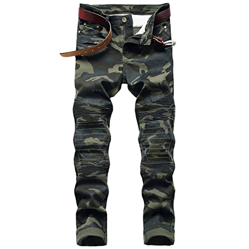 Men's Zipper Moto Biker Jeans Distressed Ripped Destroyed Denim Pants Vintage Slim Straight Fit Jean with Holes