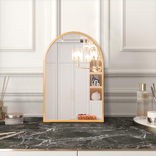 Image of Wall Mirror Arched Bathroom Mirrors, Aluminum Alloy Frame Hanging Vanity Mirror for Living Room Bedroom Entryway Vanity, Brushed Metal Framed Wall Mounted Mirror Gold 16 inchx12 inch