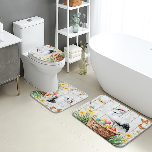 Juego de tapetes de baño de primavera de 3 piezas, cesta de grúa con huevos, absorbentes y antideslizantes, en forma de U, lavables, diseño floral vintage de franela de secado rápido