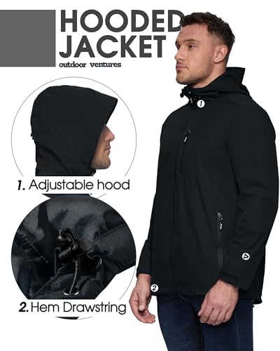 Outdoor Ventures Regenjacke Herren Wasserdicht Atmungsaktiv, Packbar Fahrrad Jacke Leichte Windbreaker zum Freizeit Wandern Camping Schwarz XL