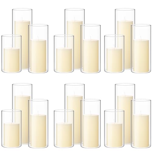 Shihanee 36 Pcs Pillar Candles and Glass Cylinder Vases Tall Cylinder Holders for Pillar Candles Wedding Centerpieces, Total 18 Sets(2.6'' X 4.7'', 5.9'', 7.9'',Clear,Ivory White)