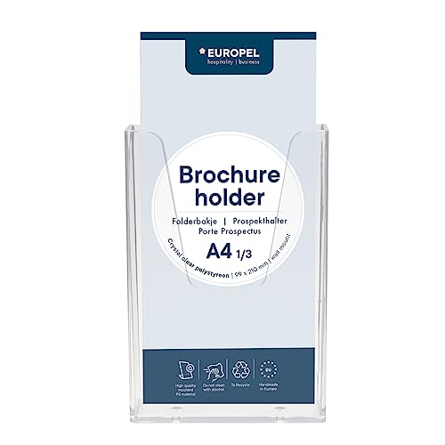 EUROPEL Prospekthalter Wandmontage 1/3 A4 Hochformat Polystyrol 35mm Kapazität Innenmaß 160×105mm für Büro Restaurant und Praxis