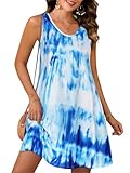 CHICGAL Womens Summer Dresses Casual Sleeveless Loose T Shirt V Neck Sundress Swing Beach Cover Up with Pockets (Blue Tie Dye， L)