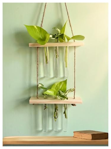 Image of 2 Tier Hanging Planter with Wooden Holder & Rope | 6 Test Tube Hanging Plant Indoor Stand | Wooden Planter for Home Decor, Living Room, Balcony & Office Decoration