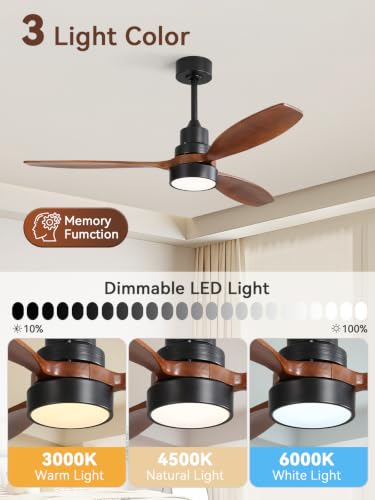Image of Sofucor 52 inch Ceiling Fan with Lights and Remote, 3 Wood Blades, Brown