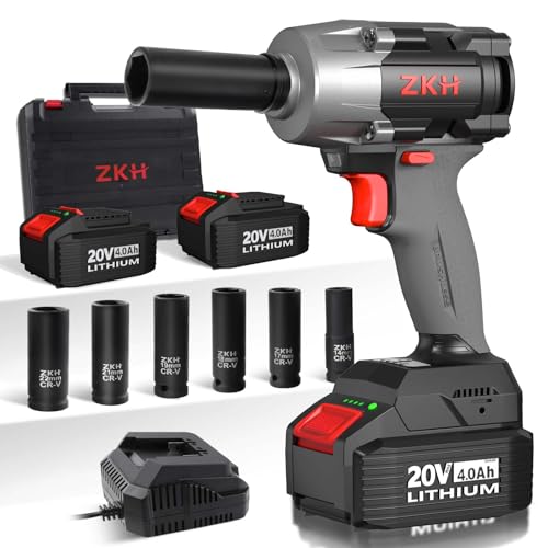 ZKH Cordless Impact Wrench 1/2 Inch, 550 ft-lbs(750N.m), 20V Brushless Torque Impact Gun, 3-Mode...