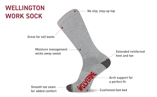 Wolverine Men's Wellington Boot Sock 2 Pair Pack, Gray Heather, Men's Shoe Size 7-124