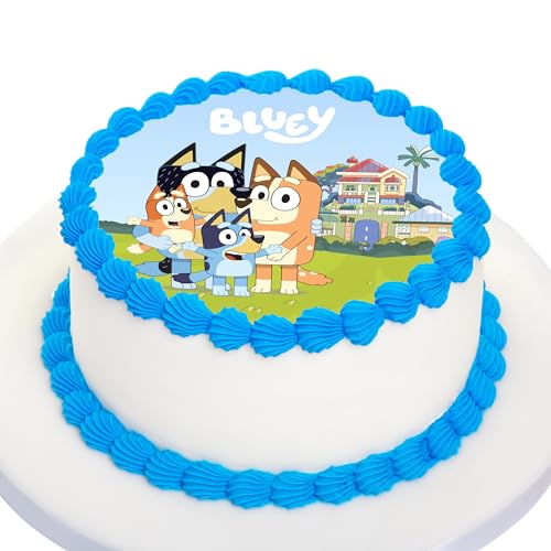Kardasis Bluey cake topper avec papier sucre | Topper comestible pour gâteaux | Disque Azyme Décoration de gâteau pour l'anniversaire thème Bluey | 20cm