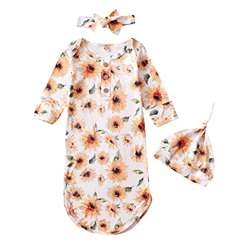 Image of DPSKY Infant Baby Cotton Sleeper Gown Sunflowers Knotted Pajamas Newborn Sleepwear Sleeping Bag with Headband 2Pcs Set, 0-6 Months