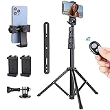 【7 en 1 Juego de accesorios para Vlogging y Live Streaming】: El conjunto de trípode portátil consta de 1* trípode de palo selfie multifunción, 1* Soporte de extensión para usar 2 o más equipos al mismo tiempo，1* Soporte de teléfono giratorio de 360 grados, 2* Soporte de teléfono con ranura de zapata fría, 1* Tornillo adaptador de montaje de cámara de acción y 1* control remoto inalámbrico para smartphone, El rango de la conexión del control remoto inalámbrico puede ser de hasta 10M
