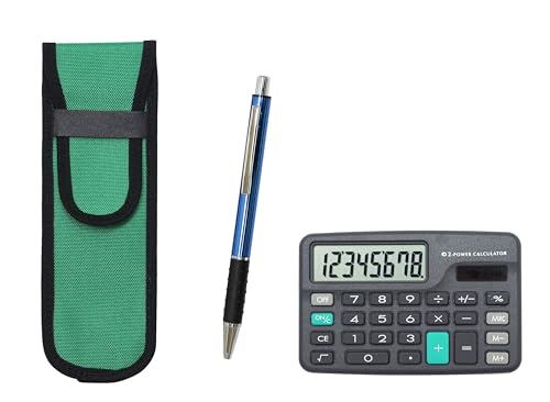 ミニ電卓付 布ペンケース緑 メタル&ピッチグリップボールペンセット 青 T23-D-NK02G-WZ2067BP-L