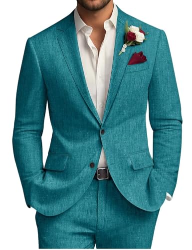 Men's Slim Fit 2 Piece Suit Lightweight Two Button Linen Texture Jacket Wedding Suits Set