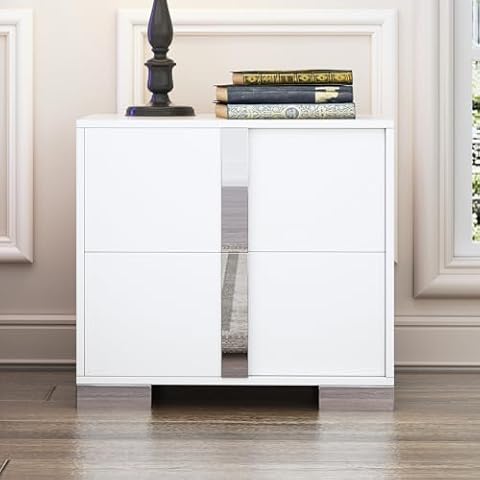 Henf Modern White Nightstand for Bedroom, Elegant 2 Drawer Nightstand with Silver Mirrored Handle and Base, Wood End Table Sofa Side Table for Small Place Living Room Bedroom (White - 2 Drawer) Cover
