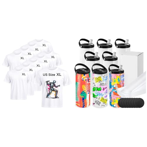 Joyclub Bundle of 10 PCS Blank T-Shirts for Adults and 8 Pack 20 oz Sublimation Water Bottle