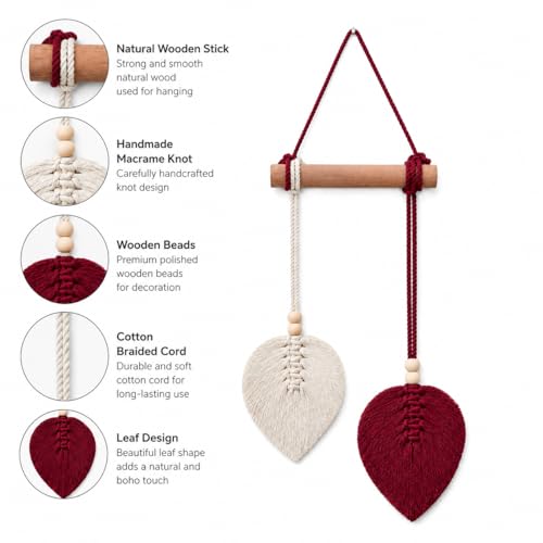 Image of AdFashionble Boho Macrame Wall Hanging Leaf Decor for Home, Living Room & Bedroom | Cotton Thread Art with Wooden Rod | Minimalist Handmade Wall Decoration | Aesthetic Nordic Wall Art for Home, Office & Gift Purpose Lenght- 58 cm Width- 15 cm (MAROON & OFFWHITE)