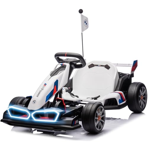 JoyWheels 36V Licensed BMW Electric Go Kart, 7.5 MPH Drift Kart with 400W Motor, Outdoor Driftable Kids Race Pedal Go Karting Car w/Adjustable Seat, Lights, for 6 Years Old, White