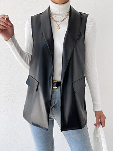 Milumia Women's Elegant Sleeveless Blazer Jackets Shawl Collar Open Front Vest Cardigan Leather Black Small #TOP2