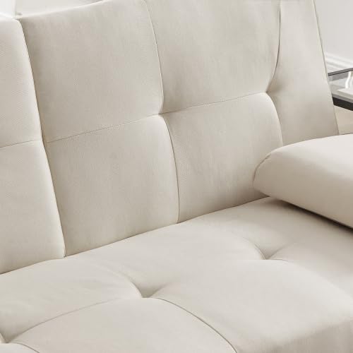 Cnanxu Modern 100% Fabric Leather Sofa Bed Futon With Metal Legs & 2 Cupholders Convertible Folding Sofa Bed, Removable Armrests For Compact Living Spaces,Apartments Office Dorms (White)… #TOP6