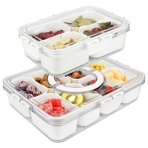 meat pie king Divided serving tray with lid and handle，snack box container-Transparent snacklebox that can hold candies, snacks, dried fruits, salads, and other snacks (2 pack with 12 dividers)