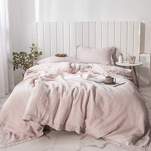Simple&Opulence 100% Washed Linen Duvet Cover with 2 Pillowshams,Full Size (78"x 86"),Farmhouse Comforter Set with Hidden Button Closure-Flax Girls College Dorm Bedding-Blush Rose Pink