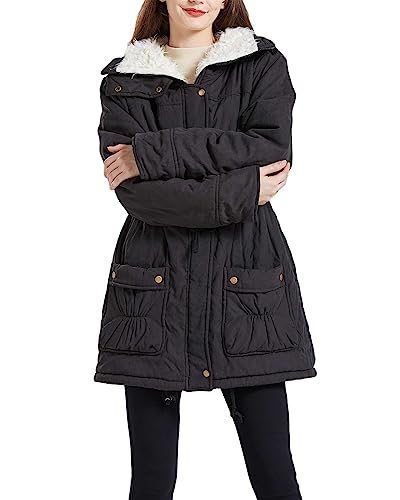 MEWOW Women's Winter Mid Length Thick Warm Faux Lamb Wool Lined Jacket Coat (L, Black)