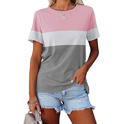 Vivitulip Women's Casual Short Sleeve T Shirts Color Block Crew Neck Tops Comfy Summer Tees Pink Cover