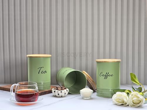 Image of JISCOVERY Airtight Tea, Coffee & Sugar Container Set of 3| Metal Storage Canister with Wooden Lid for Kitchen| Storage Box for Kitchen Counter Top| 1300 ML| Green
