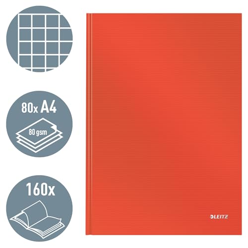 Leitz A4 Notizbuch kariert, 160 Seiten, 80 Blatt FSC zertifiziertes 80 g/m² Papier, Stabiler, kratzfester Hardcover-Einband, Für Büro, Schule oder als Tagebuch, Solid Serie, Hellrot, 46640020