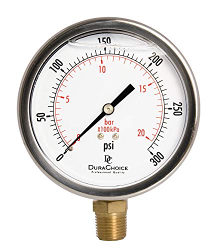 Durachoice 4" Oil Filled Pressure Gauge - Stainless Steel Case, Brass, 1/2" Npt, Lower Mount Connection, 0-300Psi #TOP10