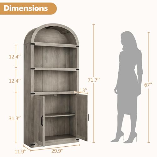 Garveehome Bookcase with Doors Arched Bookshelf 71.65in Tall Bookcase Farmhouse Cabinet with Shelves Wooden Bookshelves for Home Office, Living Room