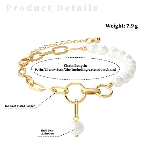 Gold Pearl Bracelets For Women - 16K Chain Paperclip Charm Dainty Bracelet Pearl Chain And Thick Link Ot Buckle Stitching Jewelry (Gold) #TOP1