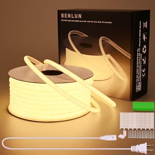 Image of BENLUN AC 110V COB LED Strip Lights 98.4ft, 3000K Warm White LED Rope Light Outdoor Waterproof, 10W /M CRI 90+ Flexible Cuttable, for Bedroom, Living Room, Garden, Commercial, House