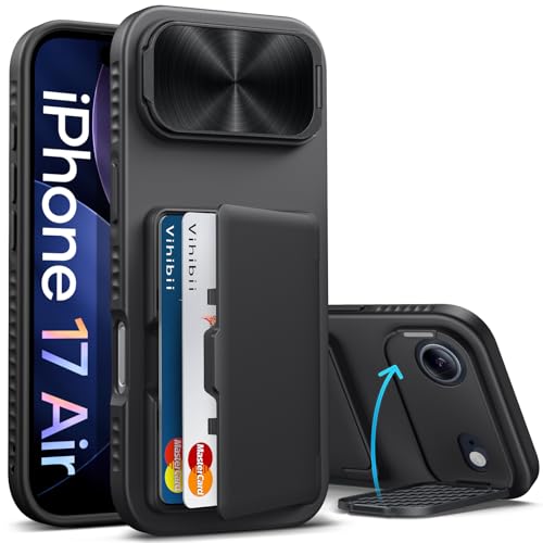 Image of Vihibii for iPhone Air Cover with Card Holder & Adjustable Camera Stand, Military Grade Drop Protection & Build-in Mirror, Rugged Hard Back & Silicone Edge, Kickstand Wallet Case, 6.5 inch 2025, Black