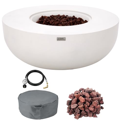 Image of AMS Creations | Eclipse 44 inch Round Cast Concrete Propane Gas Fire Pit Bowl Table | Cream White | Smooth Texture Surface | Electronic Ignition | Outdoor Patio Heater Outside Backyard Fireplace