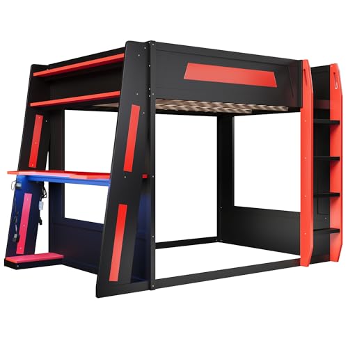 Image of GDFStudio Queen Over Queen Bunk Bed Frame with Desk, USB and LED Light, Solid Wood Gaming Bunk Bed Queen Size with Storage Shelves, High Loft Bed Queen Size with Under Entertainment Space, Black+Red
