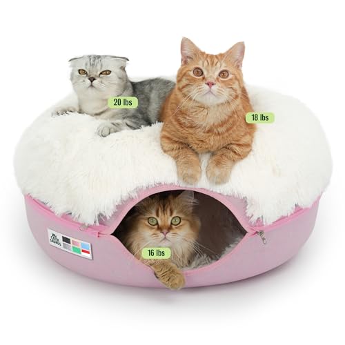 Image of CATTASAURUS Peekaboo Cat Cave for Multiple & Large Cats Up to 30-45 Lbs, Fluffy Cat Beds for Indoor Cats, Scratch Detachable & Washable Tunnel Bed, Comfy Donut Cave (Pink, Large (Calming))