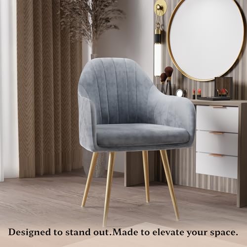Image of Milano Velvet Comfort Dining Chair with Deep Cushion Seating, Strong Wooden Frame & Metal Support Legs for Dining, Living Room, Bedroom, Balcony & Office (Soft Grey)