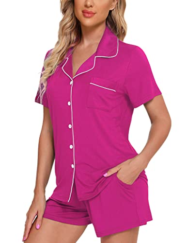 Image of Pjmlifecoco Women's Modal Pajama Set Short Sleeve Button Down Two Piece Soft Sleepwear with Shorts Loungewear S-XXL