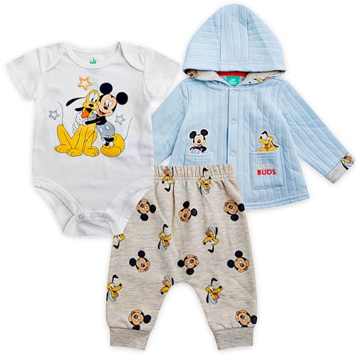 Disney Winnie the Pooh Baby Boys Pants Set with Bodysuit and Hooded Snap Quilted Jacket 3 Pack Set for Infant