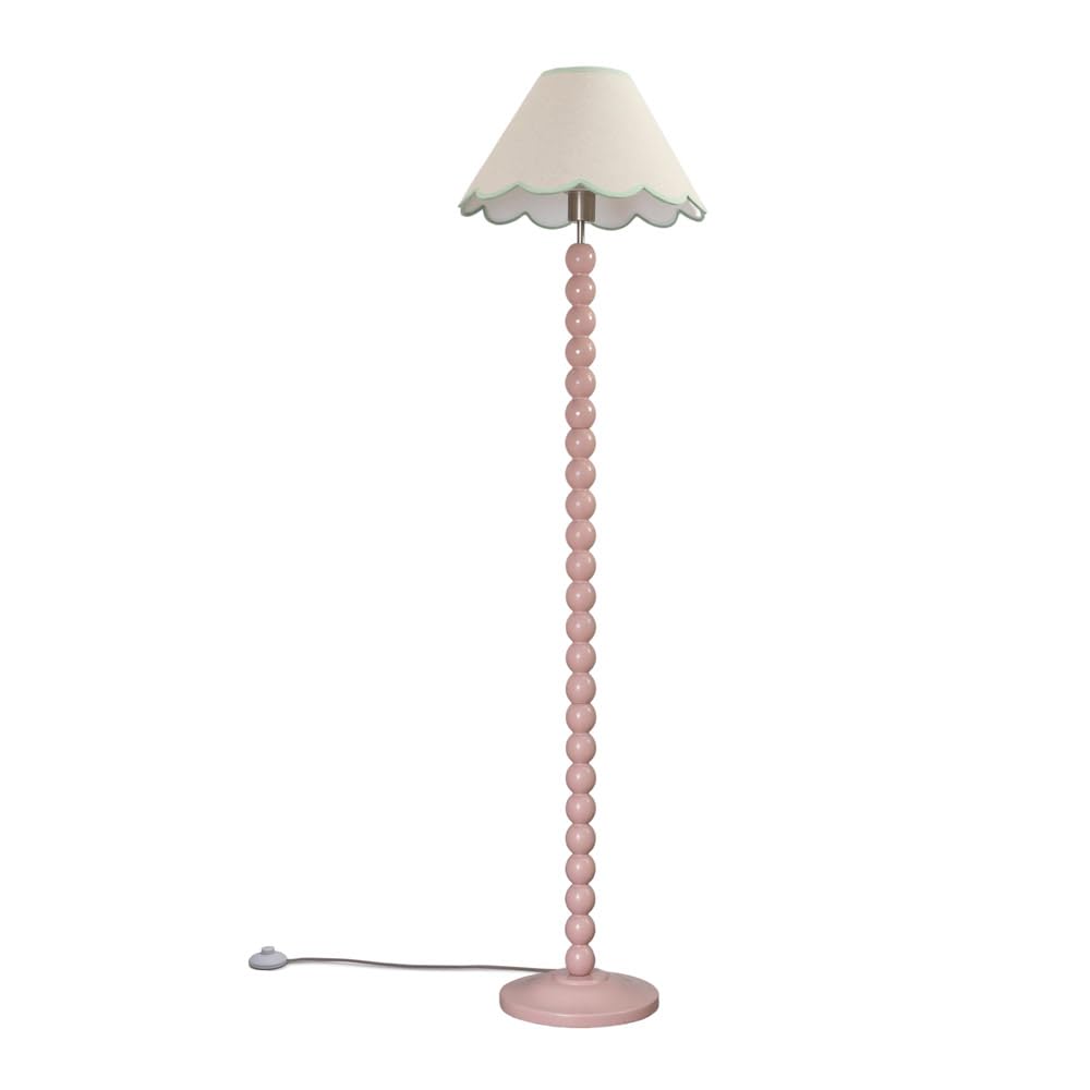 ValueLights Bobbins LED Floor Lamp - Rose Pink - Green Scallop Shade - Linen
