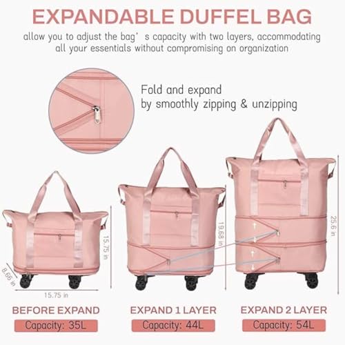 Image of Rolling Duffle Bag with Wheels, Expandable Foldable Travel Duffle Bag with Telescopic Handle, Portable Wheeled Luggage Bag for Travel, Lightweight Foldable Suitcase Bag for Men & Women (Pink)