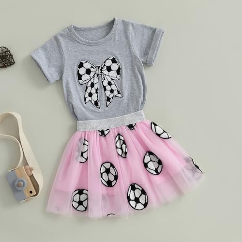 Kayotuas Toddler Girl Summer Clothes Baseball Outfit Fuzzy Baseball/Football Bow Embroidery T-shirt Tulle Skirt 2 Piece Sets4