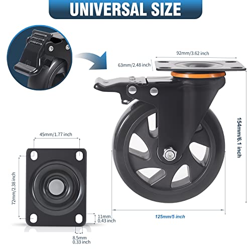 5 Inch Caster Wheels 2200Lbs, Casters Set Of 4, Heavy Duty Casters With Brake, Safety Dual Locking Industrial Casters, No Noise Wheels With Polyurethane Foam (Two Hardware Kits Included) #TOP1